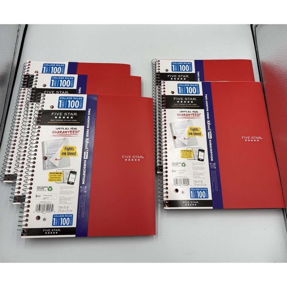 Five Star Spiral Single 1 Subject College Ruled Notebook, 100 Sheets Ea 5 Pack.